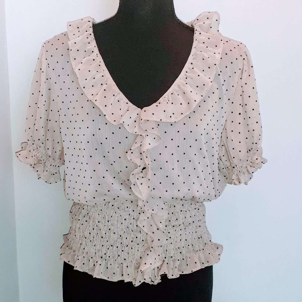 Polka Print Chiffon Ruffled Top Size Large